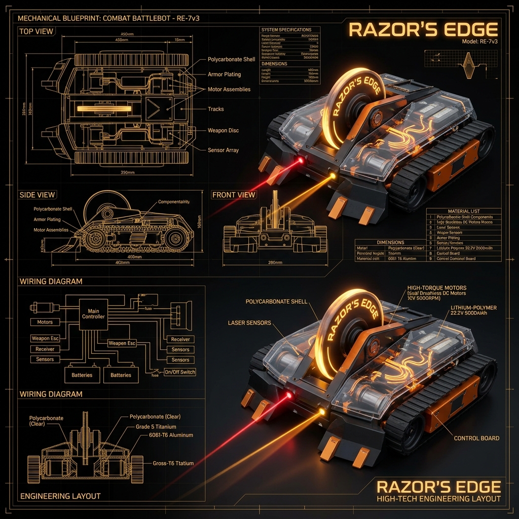 Battlebot blueprint and rendering